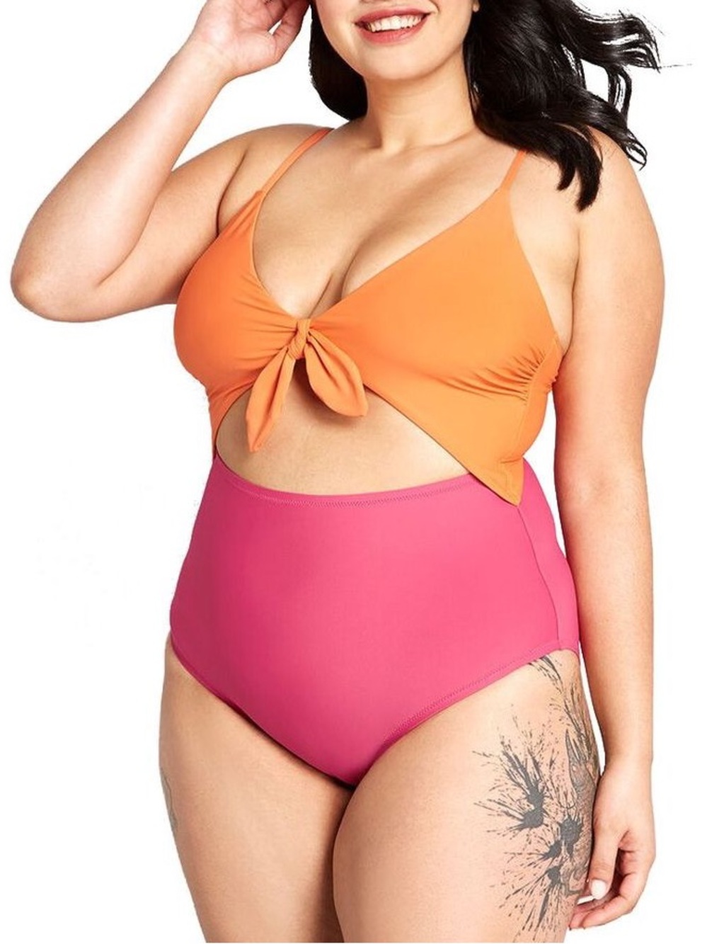 Modcloth Colorblock Tie-Front One Piece High Rise โBikiniโ in Orange and Pink